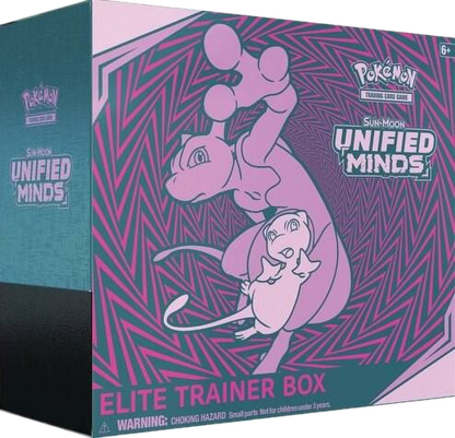 A Pokemon Sun and Moon Unified Minds Elite Trainer Box featuring Mewtwo and Mew artwork.