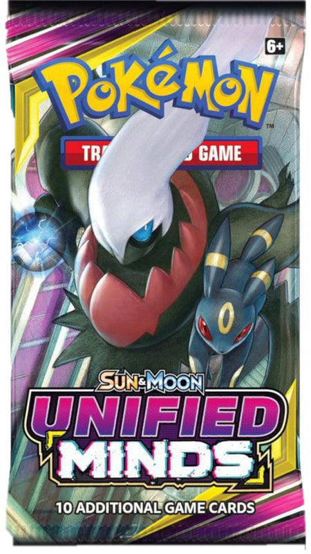 A Pokemon Sun and Moon Unified Minds booster pack featuring Darkrai and Umbreon artwork.