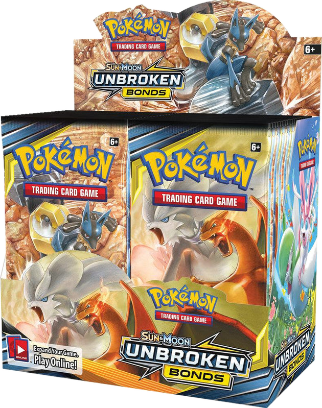A sealed Pokemon Unbroken Bonds booster box featuring Lucario, Melmetal, and Charizard artwork.
