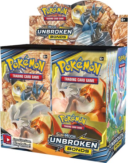 A sealed Pokemon Unbroken Bonds booster box featuring Lucario, Melmetal, and Charizard artwork.