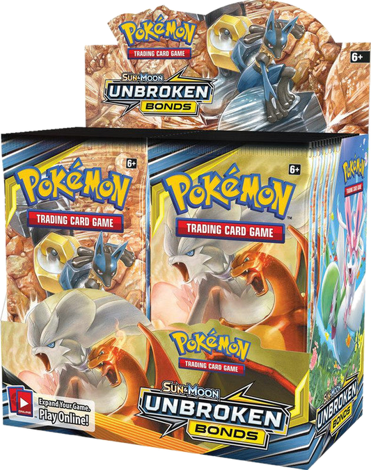 A sealed Pokemon Unbroken Bonds booster box featuring Lucario, Melmetal, and Charizard artwork.