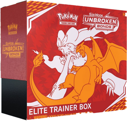 A Pokemon Unbroken Bonds Elite Trainer Box featuring Reshiram and Charizard artwork.
