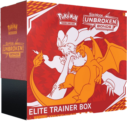 A Pokemon Unbroken Bonds Elite Trainer Box featuring Reshiram and Charizard artwork.