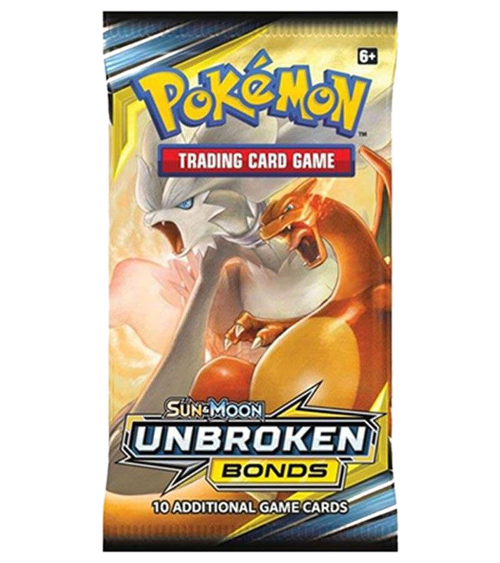 A Pokemon Sun and Moon Unbroken Bonds booster pack featuring Reshiram and Charizard artwork.