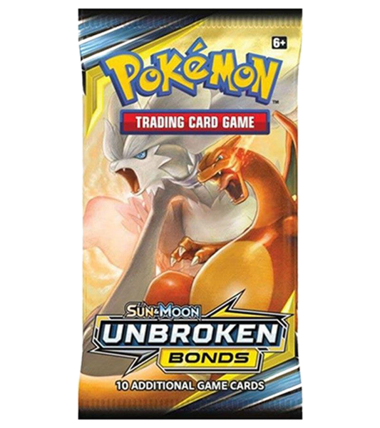 A Pokemon Sun and Moon Unbroken Bonds booster pack featuring Reshiram and Charizard artwork.