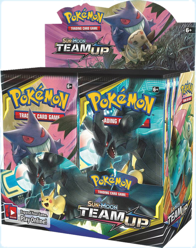A sealed Pokemon Team Up booster box featuring Gengar, Mimikyu, and Zekrom artwork.