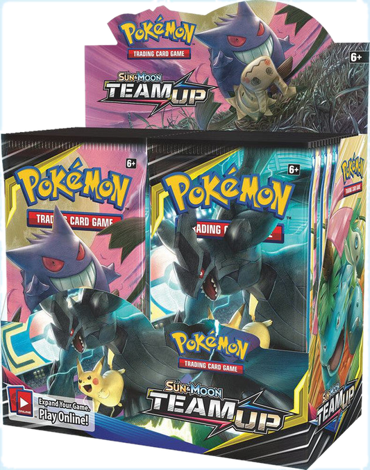 A sealed Pokemon Team Up booster box featuring Gengar, Mimikyu, and Zekrom artwork.