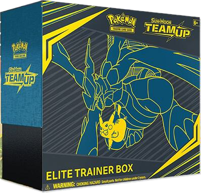 A Pokemon Team Up Elite Trainer Box featuring Pikachu and Zekrom artwork on the packaging.