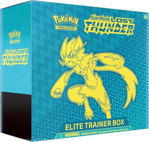 A teal Pokemon Lost Thunder Elite Trainer Box featuring a yellow Zeraora illustration.