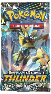 A Pokemon Lost Thunder booster pack featuring Zeraora on the front packaging.