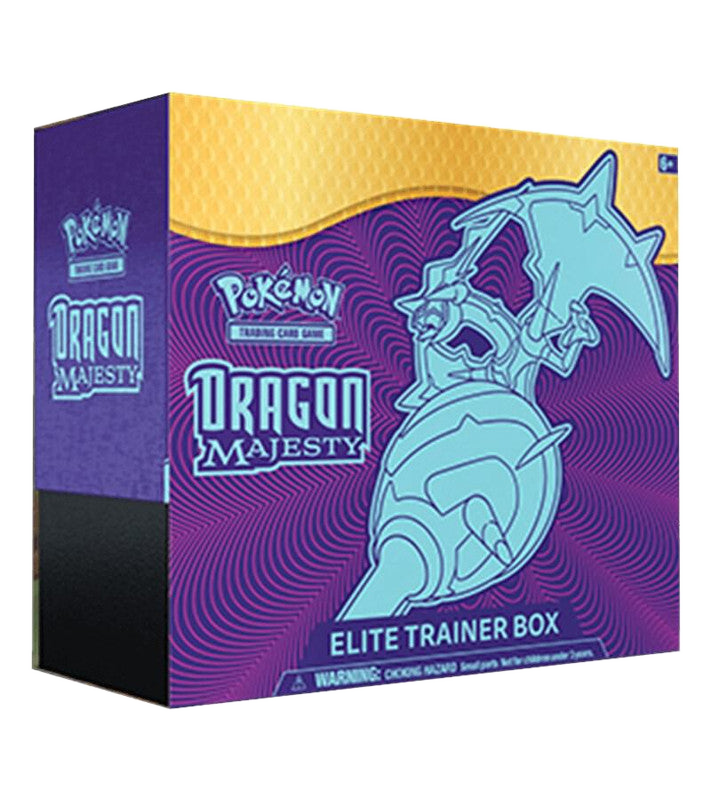 A Pokemon Dragon Majesty Elite Trainer Box featuring Naganadel on the purple and yellow packaging.