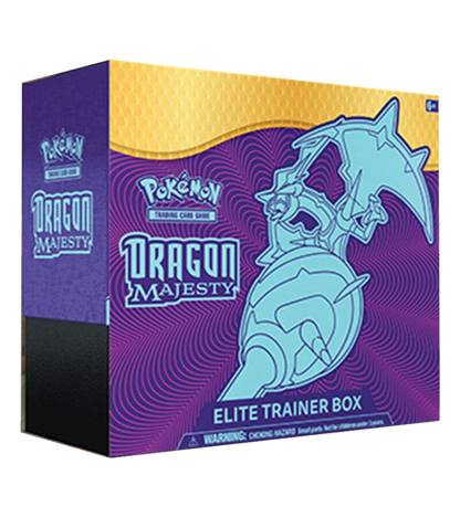 A Pokemon Dragon Majesty Elite Trainer Box featuring Naganadel on the purple and yellow packaging.