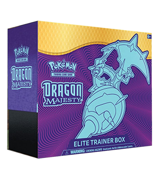 A Pokemon Dragon Majesty Elite Trainer Box featuring Naganadel on the purple and yellow packaging.