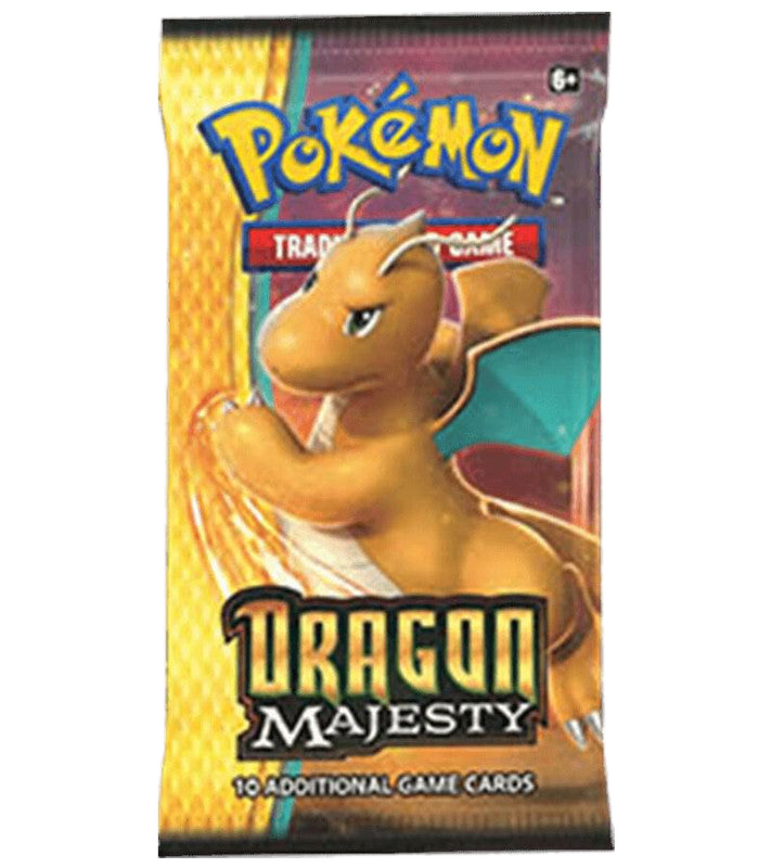 A Dragon Majesty booster pack featuring Dragonite on the front.