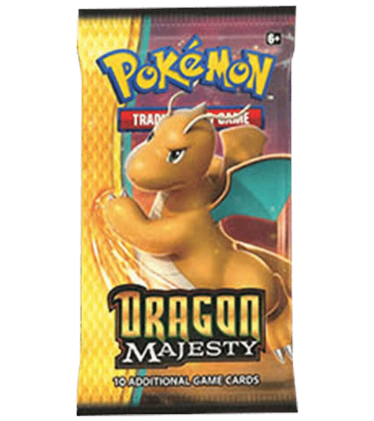 A Dragon Majesty booster pack featuring Dragonite on the front.