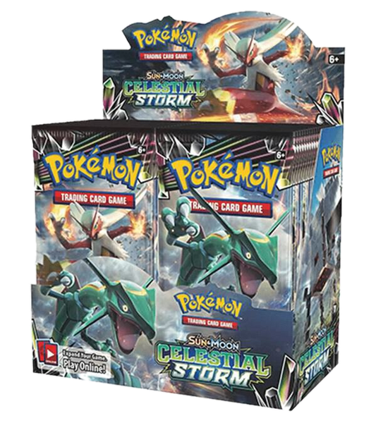 A sealed Pokemon Celestial Storm booster box featuring Rayquaza and Blaziken artwork.