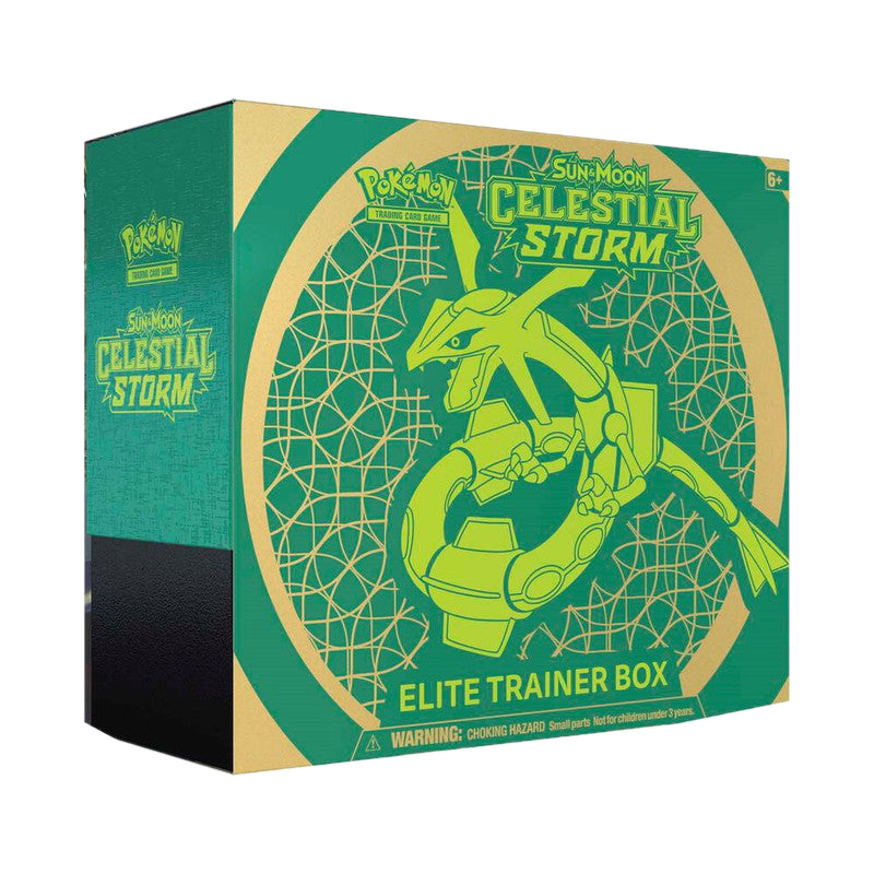 A green and gold Pokemon Celestial Storm Elite Trainer Box featuring Rayquaza on the front.