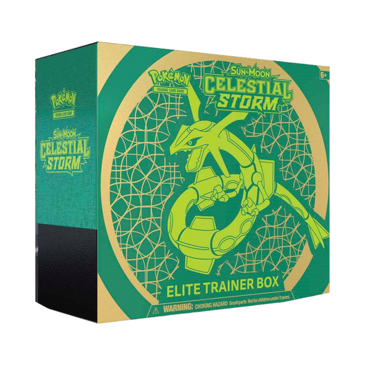 A green and gold Pokemon Celestial Storm Elite Trainer Box featuring Rayquaza on the front.