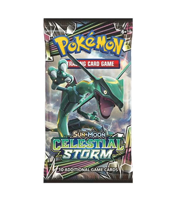 A Pokemon Celestial Storm booster pack featuring Rayquaza on the front.