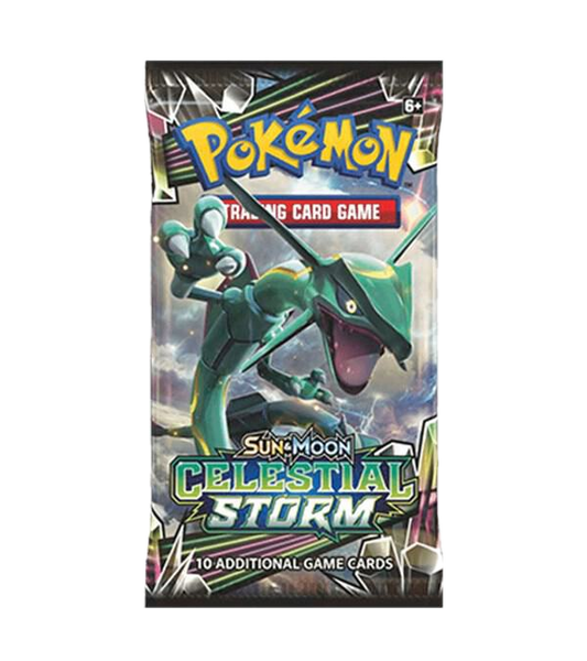 A Pokemon Celestial Storm booster pack featuring Rayquaza on the front.