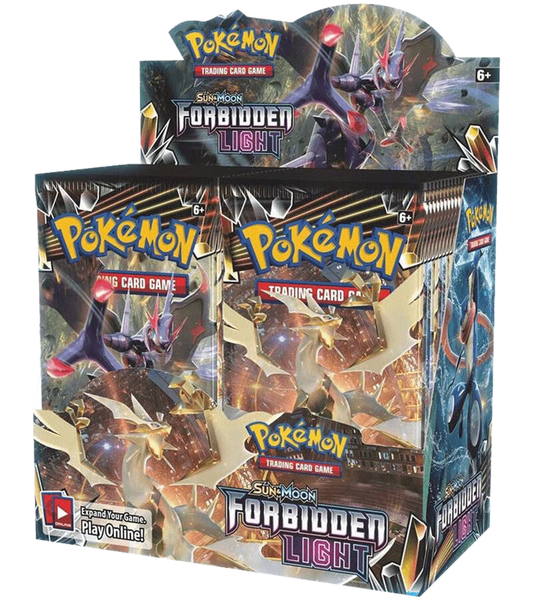 A sealed Pokemon Forbidden Light booster box featuring Ultra Necrozma artwork.