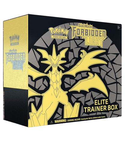 A Pokemon Forbidden Light Elite Trainer Box featuring Ultra Necrozma on the packaging.