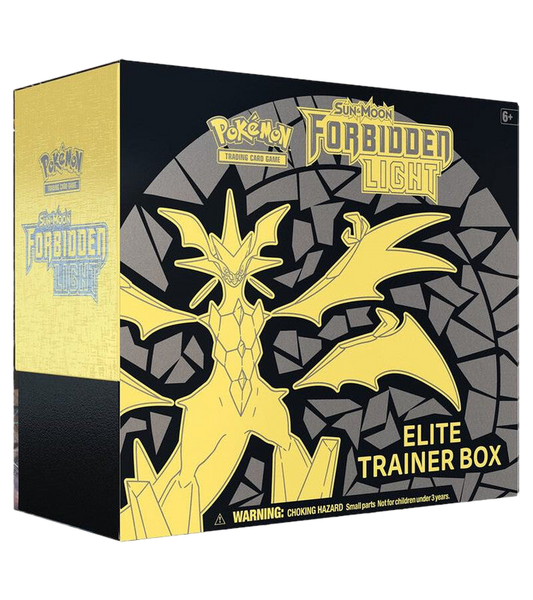A Pokemon Forbidden Light Elite Trainer Box featuring Ultra Necrozma on the packaging.