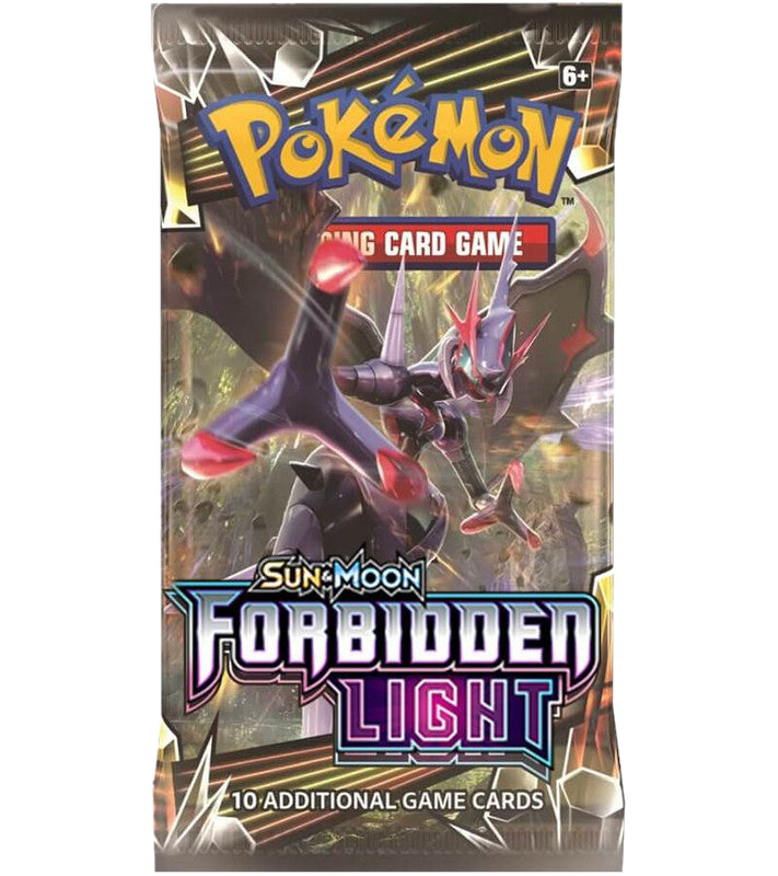 A Pokemon Forbidden Light booster pack featuring Ultra Necrozma on the front.