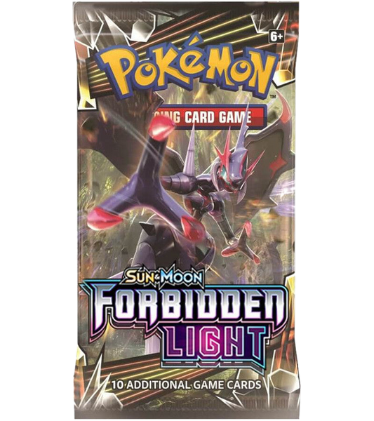 A Pokemon Forbidden Light booster pack featuring Ultra Necrozma on the front.