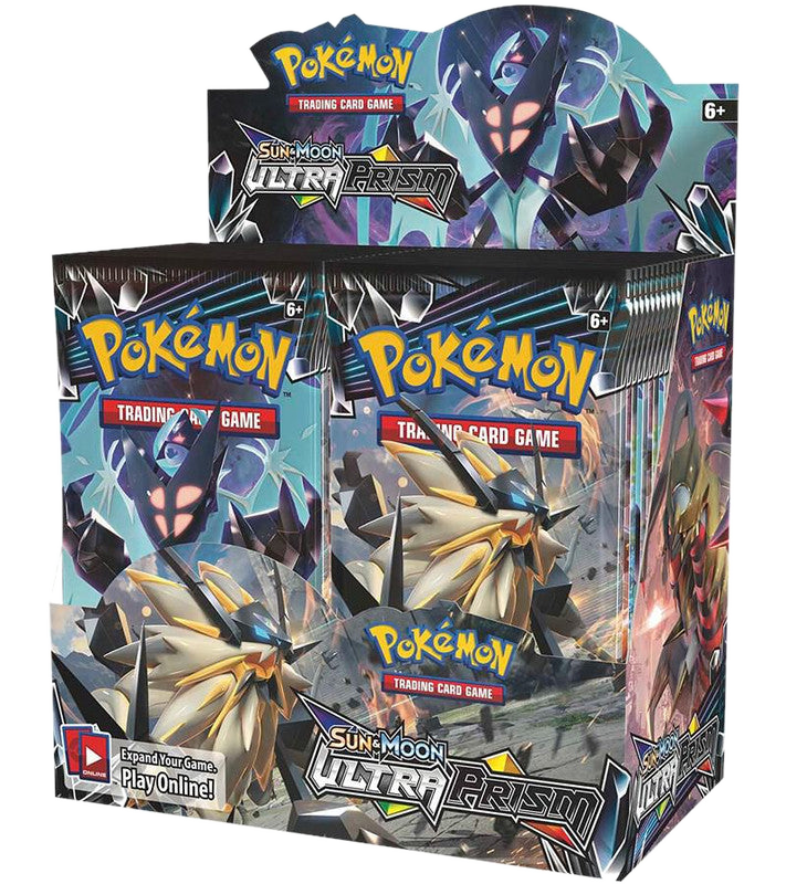 A sealed Pokemon Sun and Moon Ultra Prism booster box featuring Necrozma and Solgaleo artwork.
