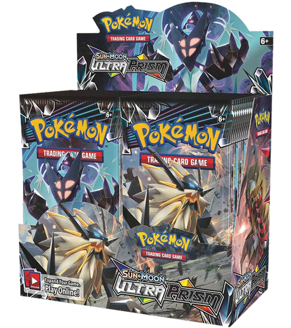 A sealed Pokemon Sun and Moon Ultra Prism booster box featuring Necrozma and Solgaleo artwork.