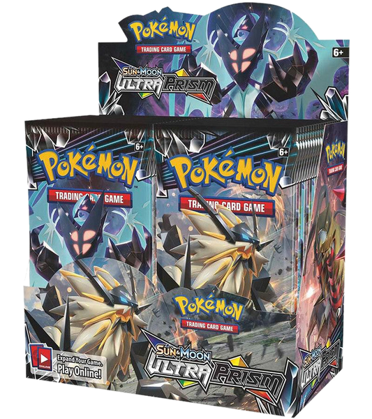A sealed Pokemon Sun and Moon Ultra Prism booster box featuring Necrozma and Solgaleo artwork.