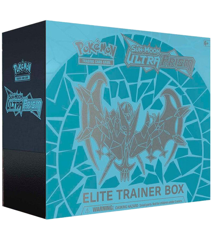 A Pokemon Ultra Prism Elite Trainer Box featuring Dawn Wings Necrozma on a blue geometric background.