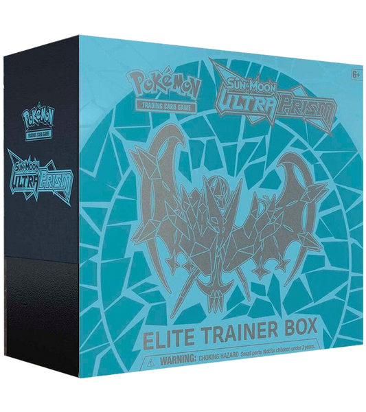 A Pokemon Ultra Prism Elite Trainer Box featuring Dawn Wings Necrozma on a blue geometric background.