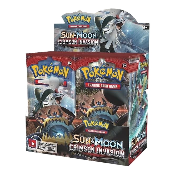 A sealed Pokemon Sun and Moon Crimson Invasion booster box featuring Silvally and Guzzlord artwork.