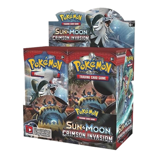 A sealed Pokemon Sun and Moon Crimson Invasion booster box featuring Silvally and Guzzlord artwork.