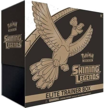 A black Pokemon Shining Legends Elite Trainer Box featuring a gold illustration of Ho-Oh.