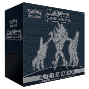 A dark blue Pokemon Burning Shadows Elite Trainer Box featuring Necrozma artwork.
