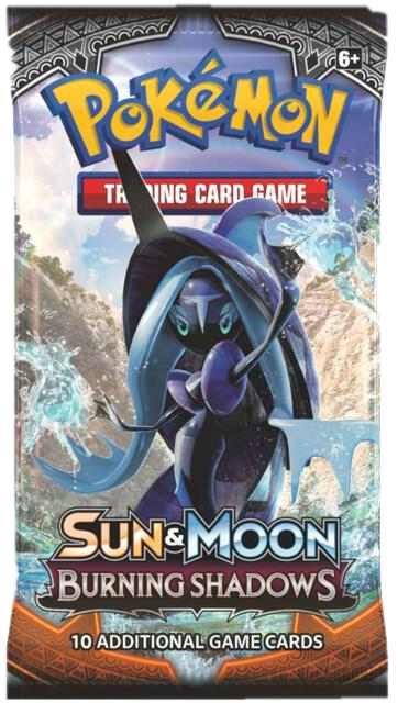 A Pokemon Burning Shadows booster pack featuring Tapu Fini on the front.