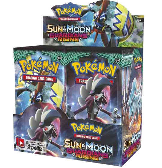 A sealed Pokemon Sun and Moon Guardians Rising booster box featuring Lycanroc and Tapu Koko.