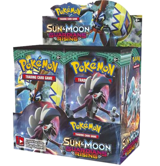 A sealed Pokemon Sun and Moon Guardians Rising booster box featuring Lycanroc and Tapu Koko.