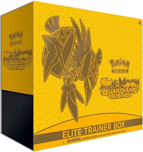 A yellow Pokemon Sun and Moon Guardians Rising Elite Trainer Box featuring Tapu Koko.