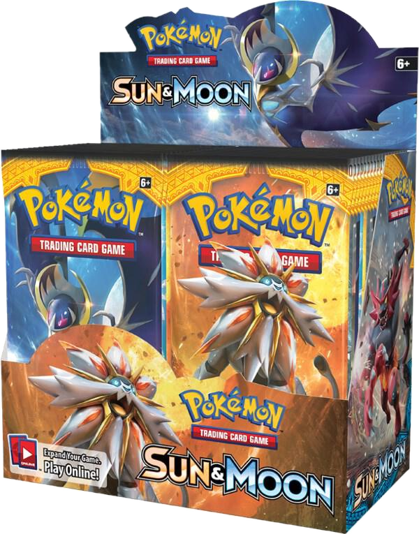 A sealed Pokemon Sun and Moon booster box featuring Solgaleo and Lunala artwork.