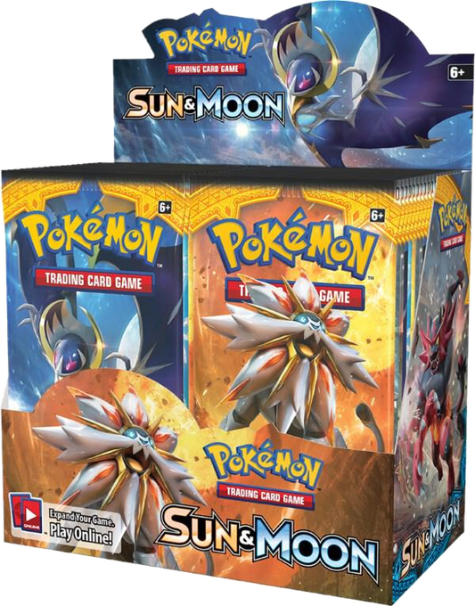A sealed Pokemon Sun and Moon booster box featuring Solgaleo and Lunala artwork.