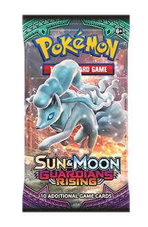 A Pokemon Sun and Moon Guardians Rising booster pack featuring Alolan Ninetales on the front.