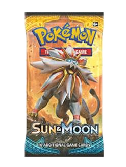 A Pokemon Sun and Moon booster pack featuring the legendary Pokemon Solgaleo on the front.
