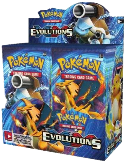 A factory-sealed Pokemon Evolutions XY12 booster box featuring Blastoise and Charizard artwork.