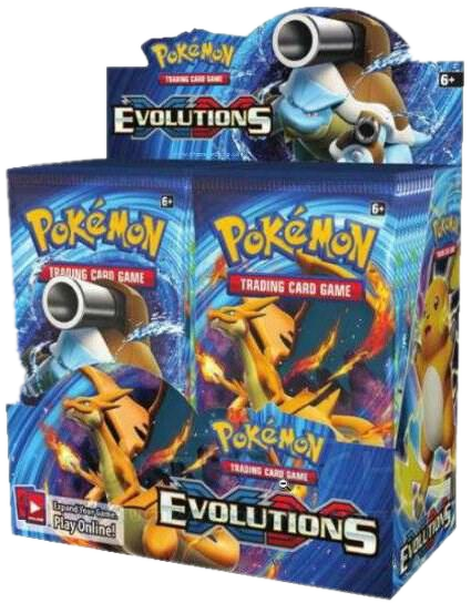 A factory-sealed Pokemon Evolutions XY12 booster box featuring Blastoise and Charizard artwork.