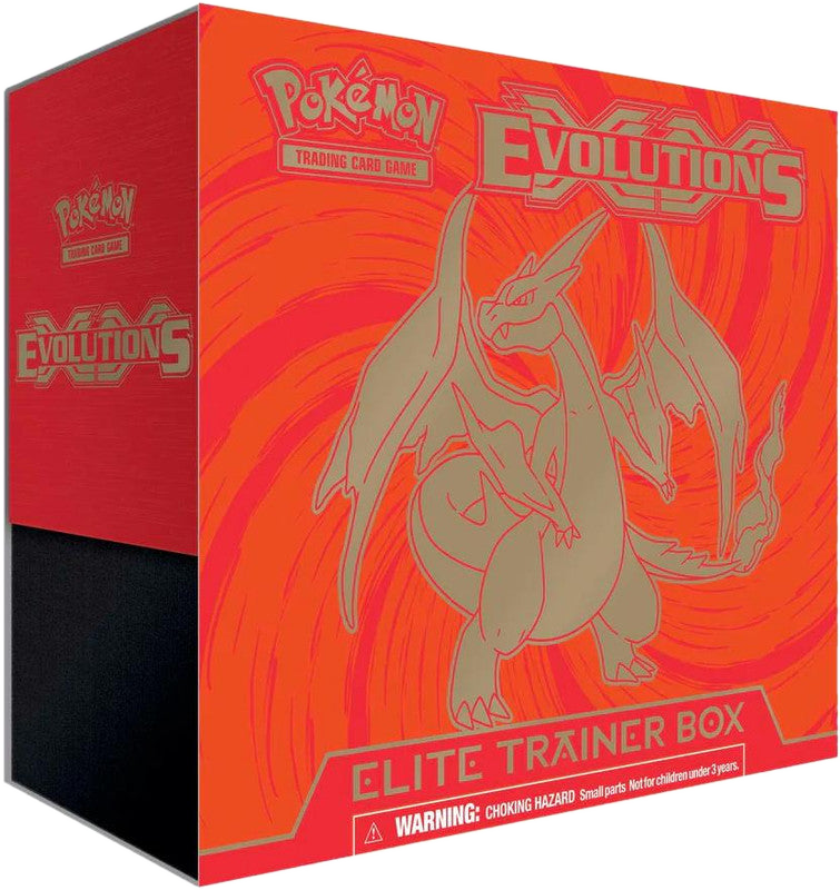 A Pokemon Evolutions Elite Trainer Box featuring Charizard artwork on an orange background.