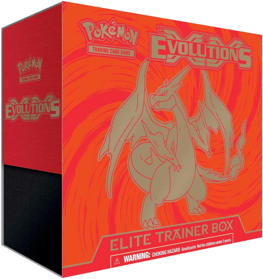 A Pokemon Evolutions Elite Trainer Box featuring Charizard artwork on an orange background.